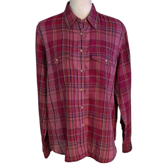 Lauren Ralph Lauren LRL Size L Plaid Button Up Shirt Top 100% Linen Pink - Picture 1 of 5